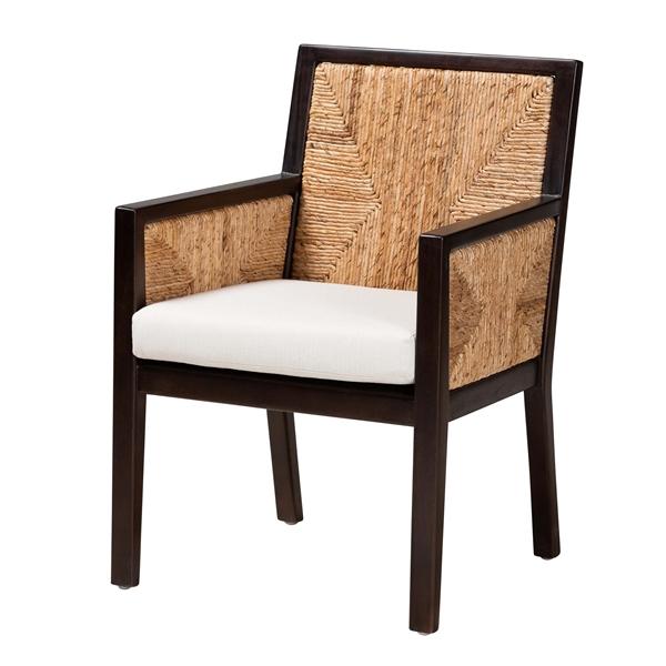 baxton studio bali & pari Joana Modern Bohemian Dark Brown Mahogany Wood and Natural Seagrass Dining Arm Chair