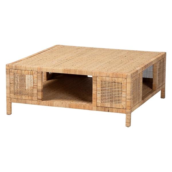 baxton studio bali & pari Kalimantan Bohemian Light Honey Rattan and Mahogany Wood Square Coffee Table