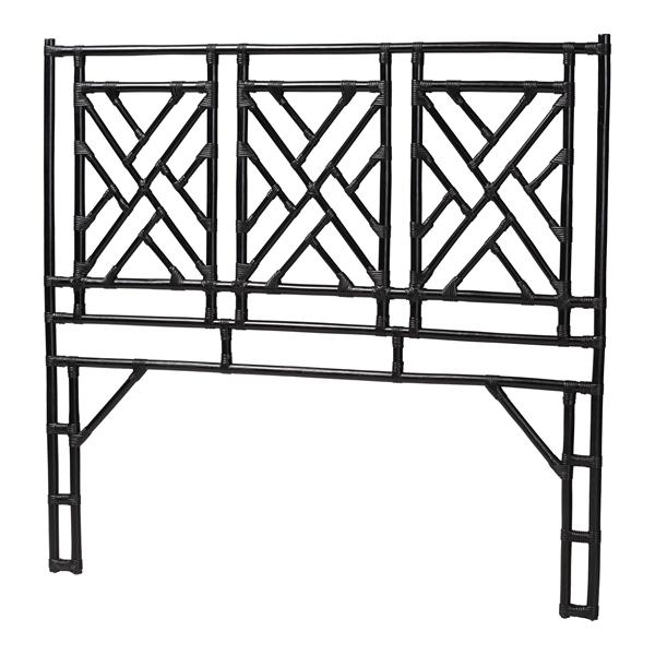 baxton studio bali & pari Karavo Bohemian Black Natural Rattan Queen Size Standalone Headboard