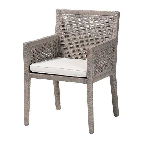 baxton studio bali & pari Karis Rattan Dining Chair with Cushion - Handwoven Wicker Armchair with Mahogany Wood Frame Coastal Boho Style Indoor Seating French Grey