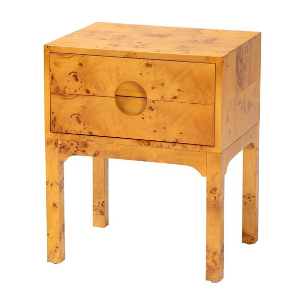 baxton studio bali & pari Kayla Modern and Contemporary Natural Light Mappa Real Burl Wood 2-Drawer Nightstand