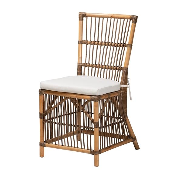 baxton studio bali & pari Kim Modern Bohemian White Fabric and Natural Brown Rattan Dining Chair