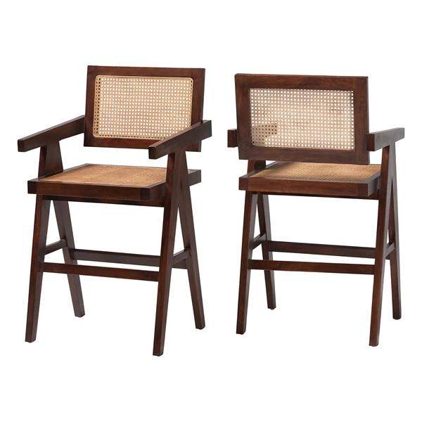 baxton studio bali & pari Kresna Rattan Counter Stool with Mahogany Wood Frame and Armrest Set of 2 - Handwoven Counter Height Chair with Cane Back and Seat Stylish Seating for Kitchen Island or Dining Area