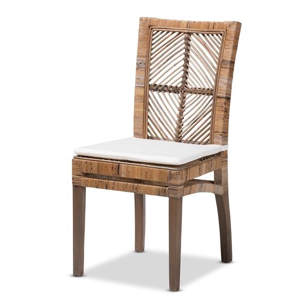 baxton studio bali & pari Laluna Modern Bohemian Greywashed Natural Rattan and Mahogany Dining Chair with Cushion