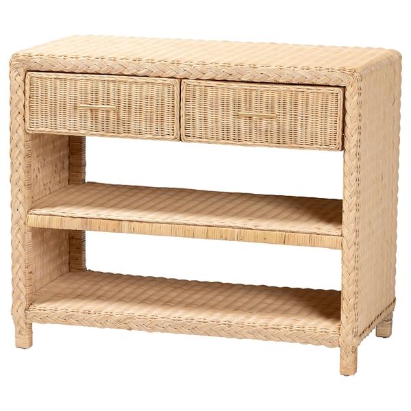 baxton studio bali & pari Lanica Braided Natural Rattan Console Table with Drawers and Shelves - Coastal Style Storage Cabinet for Entryway Living Room or Bedroom 35"