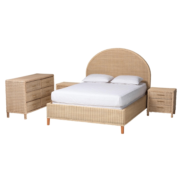 baxton studio bali & pari Lanica Japandi Sun-Bleached Braided Rattan Queen Size 4-Piece Bedroom Set
