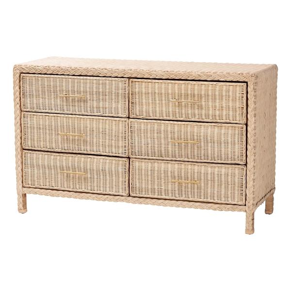 baxton studio bali & pari Lanica Japandi Sun-Bleached Braided Rattan 6-Drawer Dresser