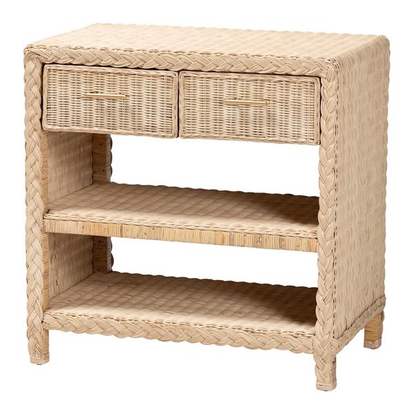 baxton studio bali & pari Lanica Japandi Sun Bleached Rattan 2-Drawer Console Table