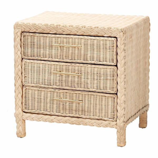 baxton studio bali & pari Lanica Japandi Sun Bleached Rattan 3-Drawer Nightstand