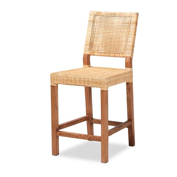 baxton studio bali & pari Lesia Modern Bohemian Natural Brown Rattan and Walnut Brown Mahogany Wood Counter Stool