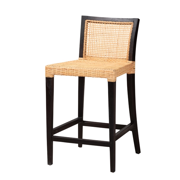baxton studio bali & pari Lingga Modern Bohemian Dark Brown Mahogany Wood and Natural Rattan Counter Stool