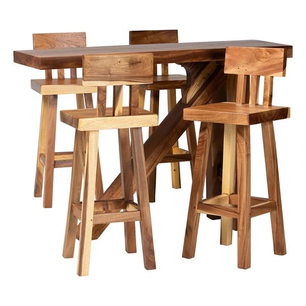 baxton studio bali & pari Luli 5-Piece Suar Wood Bar Table Set - Modern Bar-Height Dining Set with Sculptural Table and Backrest Stools Handcrafted Natural Wood Furniture for Kitchen or Entertaining Spaces