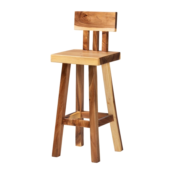 baxton studio bali & pari Luli Suar Wood Bar Stool - Handcrafted Solid Wood Stool with Backrest Rustic Modern Seating for Kitchen or Bar Area