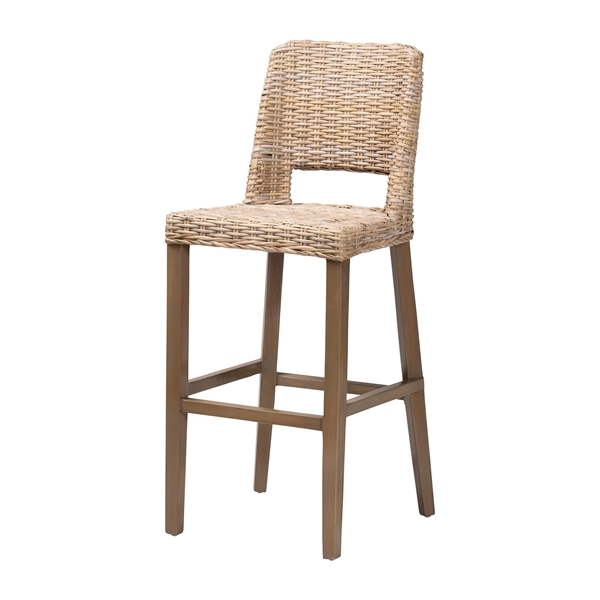 baxton studio bali & pari Magy Modern Bohemian Grey Kubu Rattan and Mahogany Wood Bar Stool