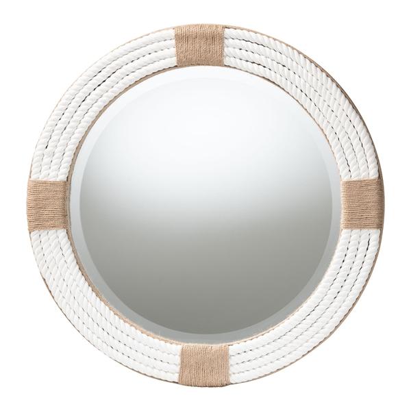 baxton studio bali & pari Makya Round Woven Rope Mirror - Coastal Mirror with White Fabric and Woven Jute Accents for Farmhouse Boho Wall Decor Beach House