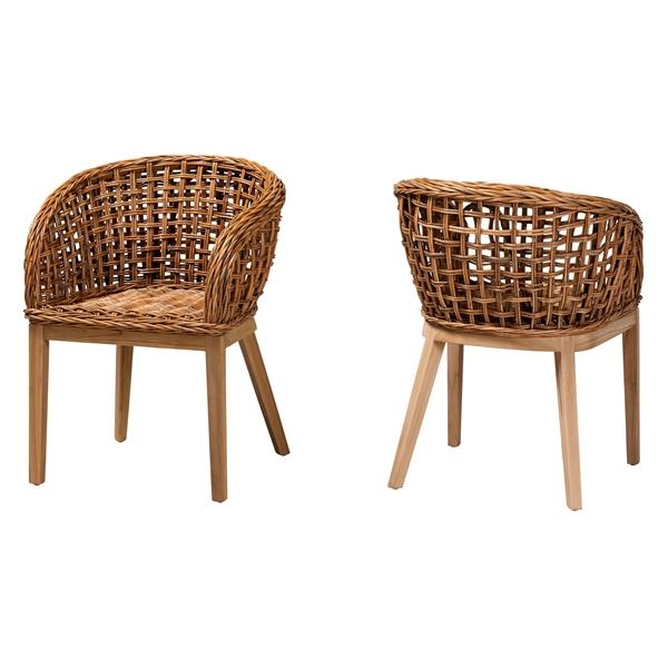 baxton studio bali & pari Mario Modern Bohemian Natural Brown Finished Teak Wood and Rattan 2-Piece Dining Chair Set