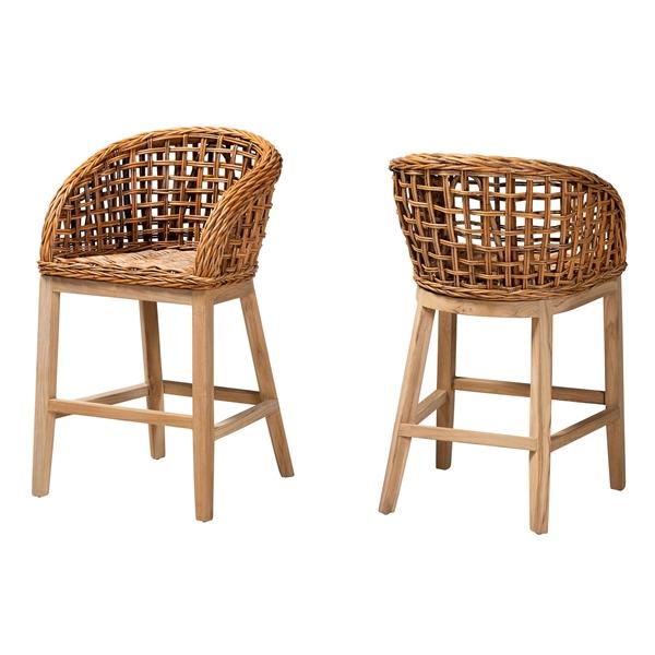 baxton studio bali & pari Mario Modern Bohemian Natural Brown Finished Teak Wood and Rattan 2-Piece Counter Stool Set