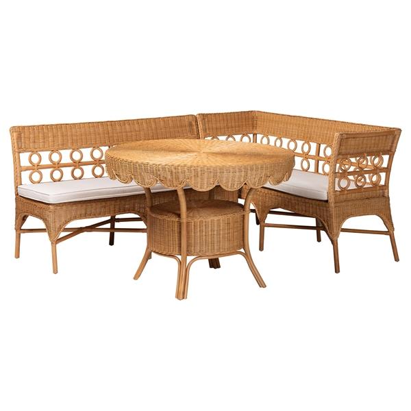 baxton studio bali & pari Matilde Bohemian Light Honey Rattan 3-Piece Dining Nook Set