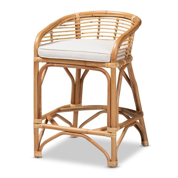 baxton studio bali & pari Maverick Modern Bohemian White Fabric Upholstered and Natural Brown Rattan Counter Stool