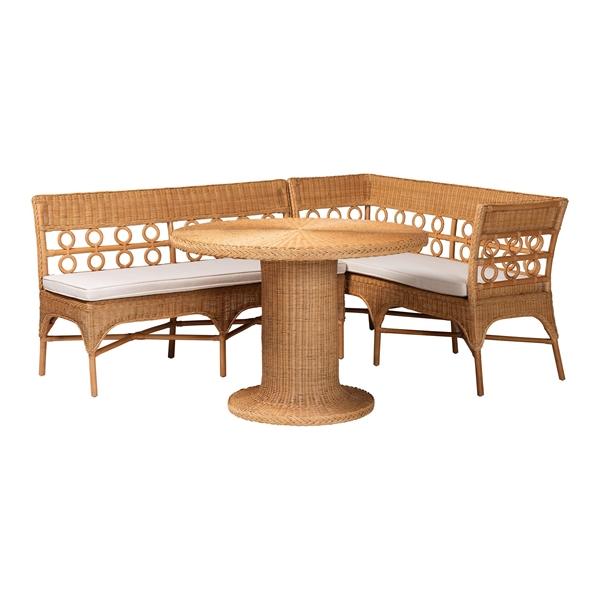baxton studio bali & pari Monica Bohemian Light Honey Rattan 3-Piece Dining Nook Set