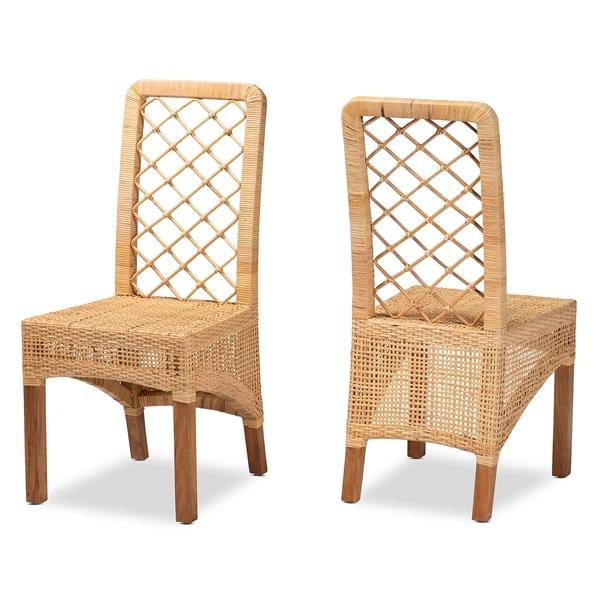 baxton studio bali & pari Moscow Modern Bohemian Natural Brown Rattan and Walnut Brown Mahogany Wood 2-Piece Dining Chair Set