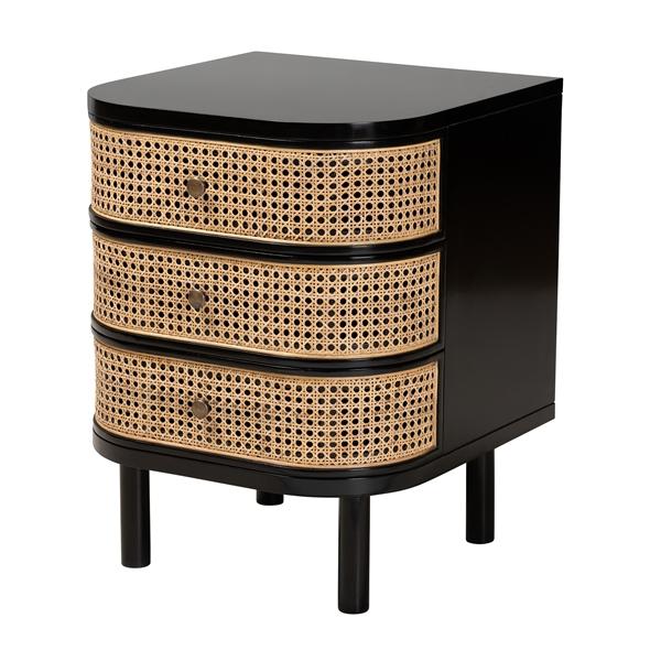 baxton studio bali & pari Nabila Modern Bohemian Black Bayur Wood and Natural Rattan 3-Drawer End Table Nightstand