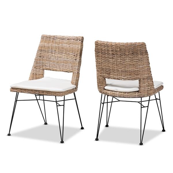 baxton studio bali & pari Nafaro Modern Bohemian Greywashed Natural Rattan Metal Dining Chair with Cushion 2-Piece Set