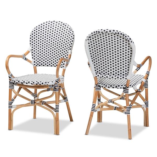 baxton studio bali & pari Naila Classic French Black and White Weaving and Natural Brown Rattan 2-Piece Indoor and Outdoor Bistro Chair Set