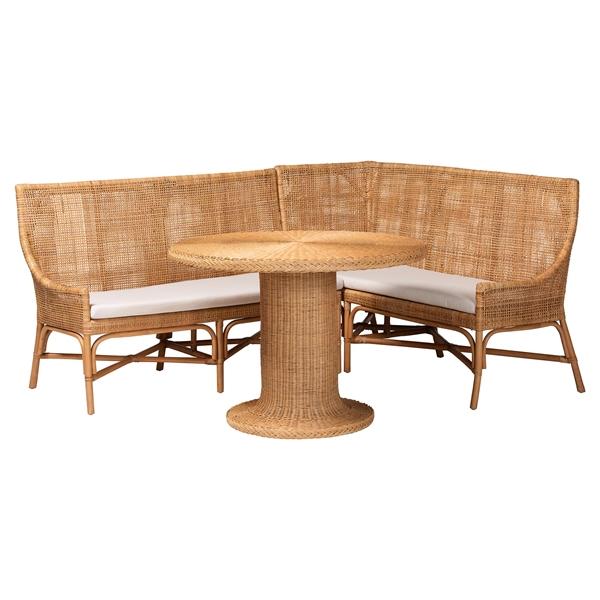 baxton studio bali & pari Nantai Bohemian Light Honey Rattan 3-Piece Dining Nook Set