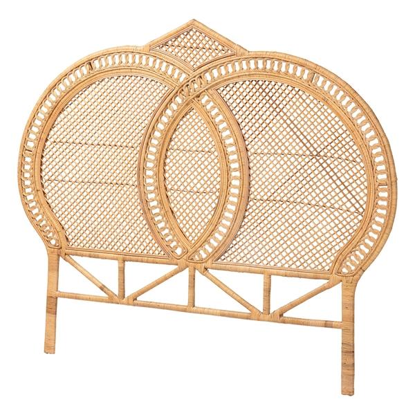 baxton studio bali & pari Nerita Rattan Headboard - Handwoven Wicker Headboard Panel with Double Circle Design Light Honey Lightweight Coastal Bedroom Decor Queen Size
