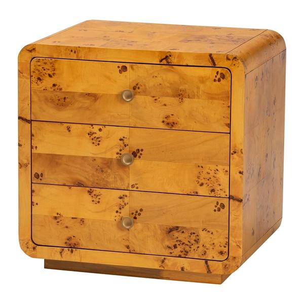 baxton studio bali & pari Netra Modern and Contemporary Natural Real Burl Wood 3-Drawer Nightstand