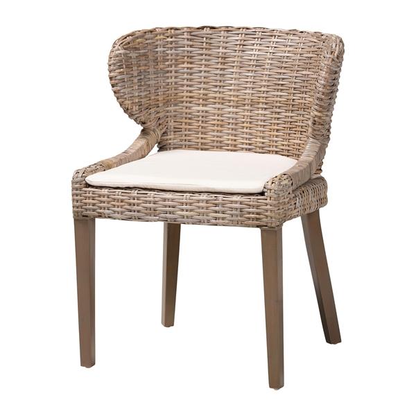 baxton studio bali & pari Niesha Bohemian Grey Natural Kubu Rattan and Mahogany Wood Dining Chair