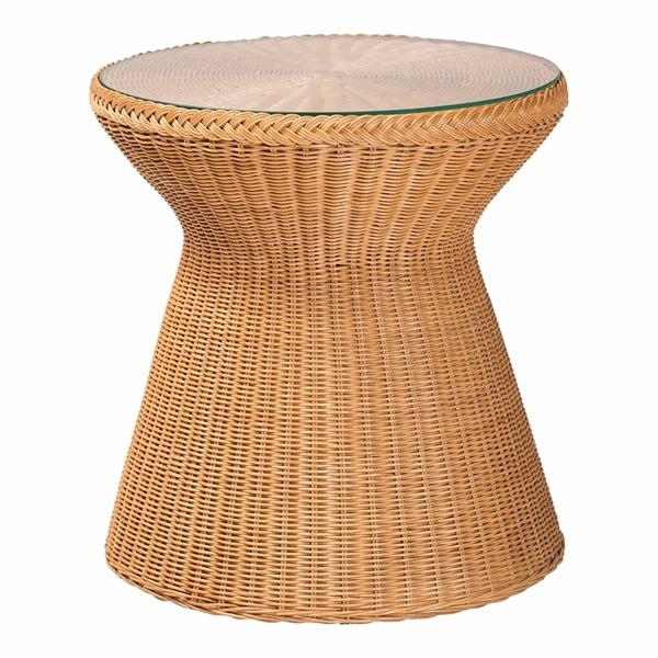 baxton studio bali & pari Nina Bohemian Light Honey Braided Rattan End Table with Glass Tabletop