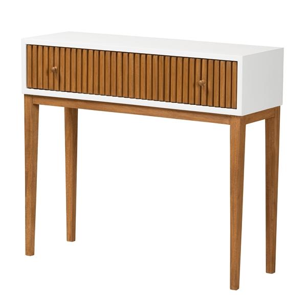 baxton studio bali & pari Odile Mid-Century Modern Two-Tone Natural Brown and White Bayur Wood 1-Drawer Console Table
