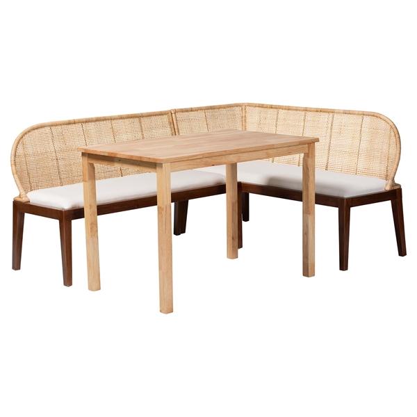 baxton studio bali & pari Okinawa 3-Piece Dining Nook Set - L-Shaped Rattan Corner Benches with Cushions and Solid Wood Rectangular Table Boho Coastal Breakfast Banquette for Kitchen or Dining Area