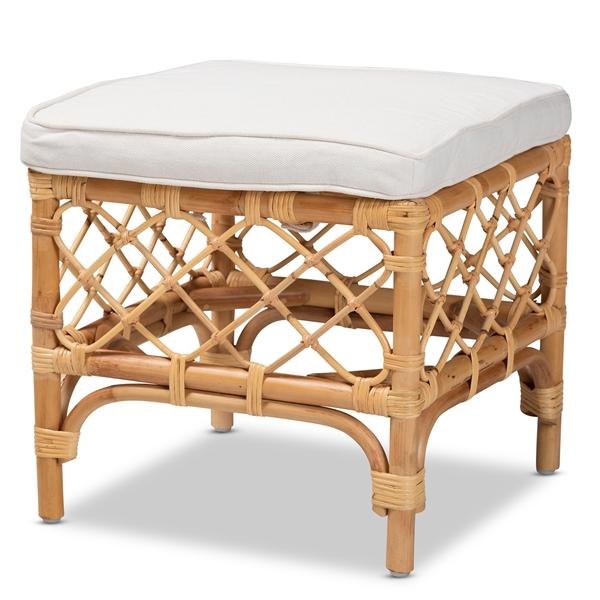 baxton studio bali & pari Orchard Modern Bohemian White Fabric Upholstered and Natural Brown Rattan Ottoman