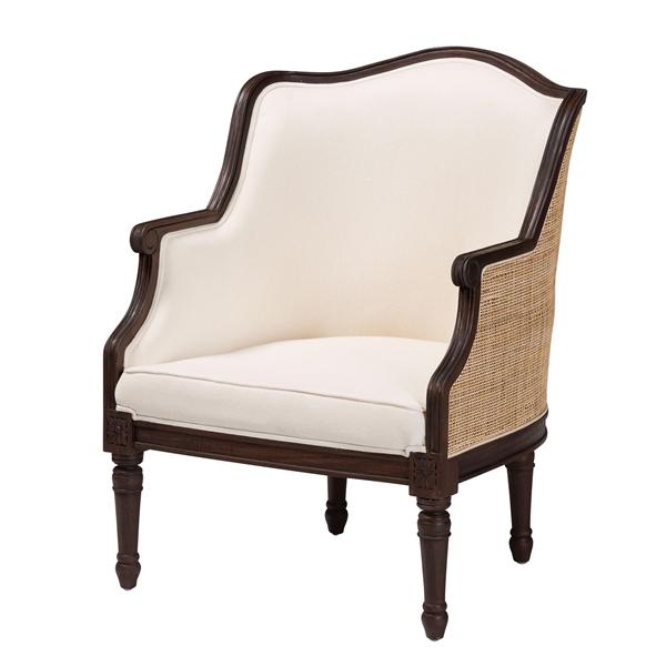 baxton studio bali & pari Ornella Traditional French Beige Fabric and Dark Brown Finished Wood Accent Chair