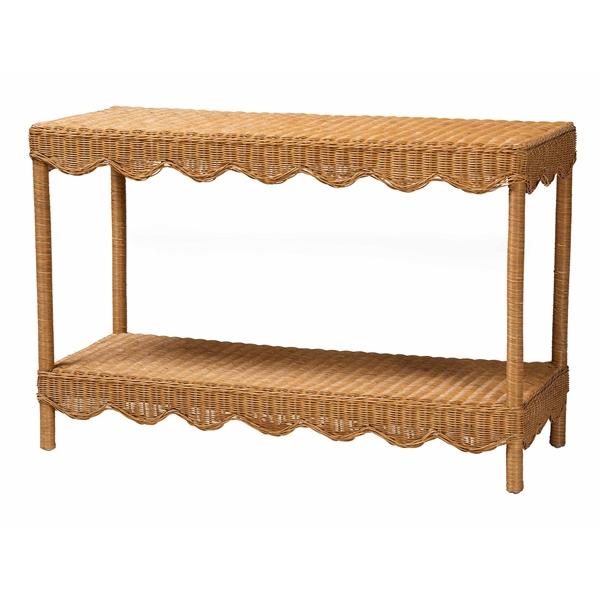 baxton studio bali & pari Oteria Bohemian Light Honey Scalloped Rattan Console Table