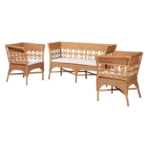 baxton studio bali & pari Oxford Bohemian Light Honey Rattan 3-Piece Living Room Chair Set