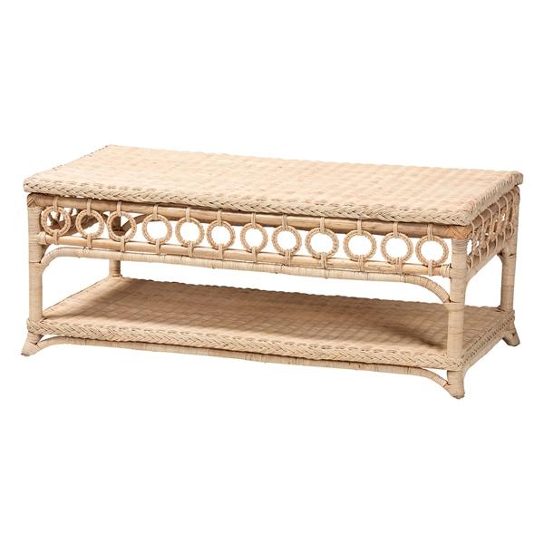 baxton studio bali & pari Oxford Braided Natural Rattan Coffee Table with Open Shelf - Coastal Boho Living Room Accent Table with Decorative Loop Detailing
