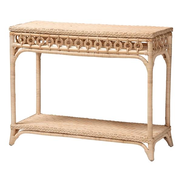 baxton studio bali & pari Oxford Braided Natural Rattan Console Table with Open Shelf - Coastal Boho Entryway or Hallway Accent Table with Decorative Loop Detailing