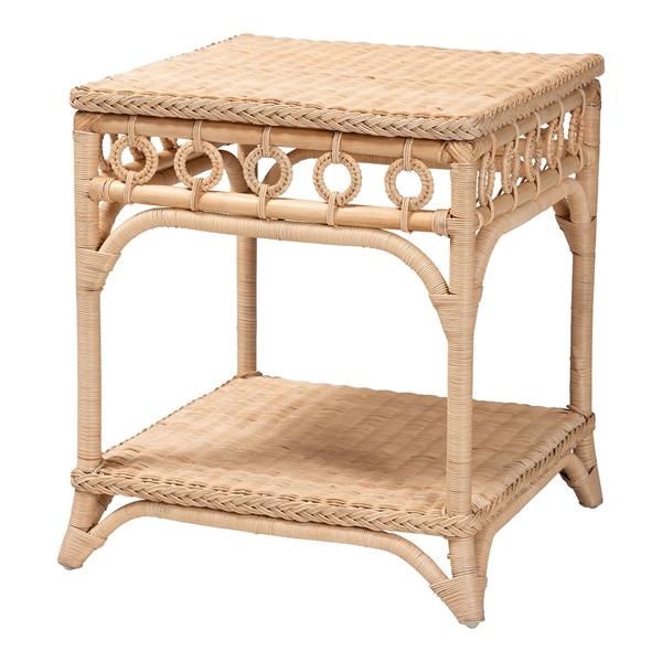 baxton studio bali & pari Oxford Braided Natural Rattan End Table with Shelf - Square Boho Accent Table with Decorative Loop Detailing Coastal Style for Living Room or Bedroom