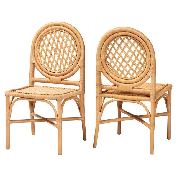 baxton studio bali & pari Oxford Round Back Rattan Dining Chair Set of 2 - Handwoven Cane Accent Chairs with Open Lattice Design Natural Wicker Seating for Coastal or Boho Dining Rooms