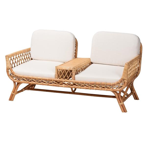 baxton studio bali & pari Pakis Bohemian Light Honey Rattan Tete-a-Tete Sofa
