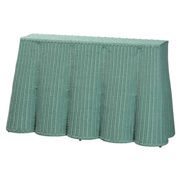 baxton studio bali & pari Palm Bohemian Seafoam Green Scallop Rattan Console Table