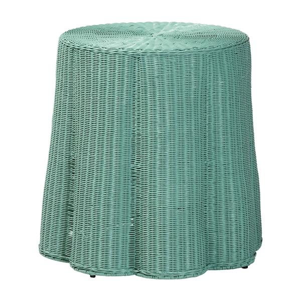 baxton studio bali & pari Palm Scallop Natural Rattan Console Table - Handwoven Wicker Round Accent Table for Living Room Sunroom or Foyer Place Coastal Boho Style in Teal Green