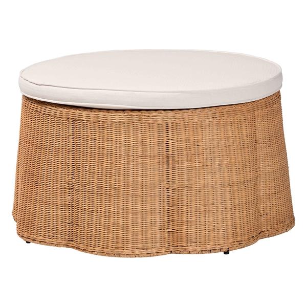 baxton studio bali & pari Palm Scallop Natural Rattan Ottoman with Cushion - Handwoven Wicker Accent Stool or Footrest for Living Room Bedroom or Sunroom Coastal Boho Style 32" Round