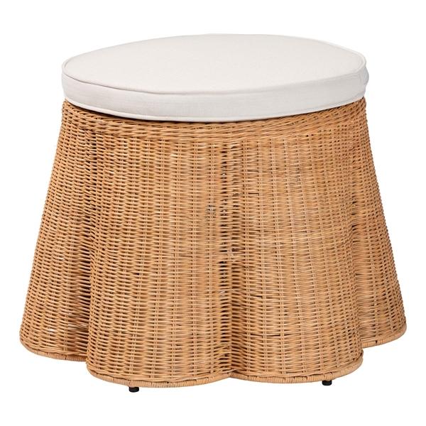 baxton studio bali & pari Palm Scallop Natural Rattan Ottoman with Cushion - Handwoven Wicker Accent Stool or Footrest for Living Room Bedroom or Sunroom Coastal Boho Style 26" Round