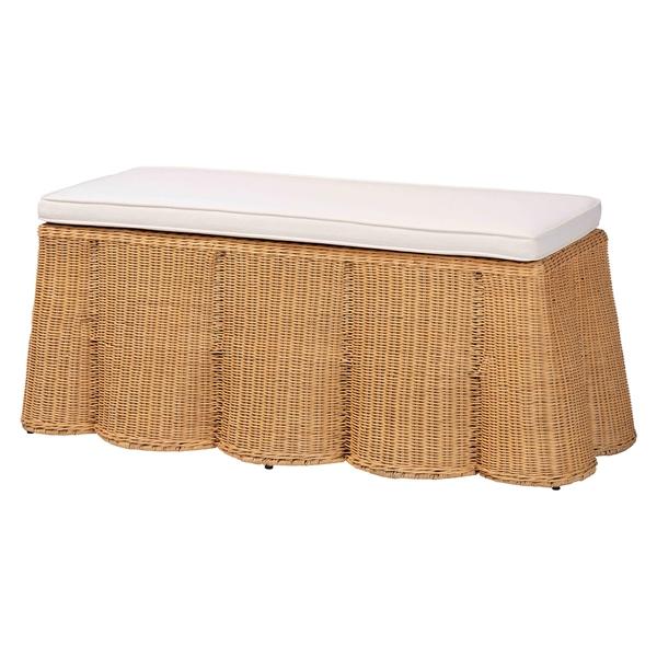 baxton studio bali & pari Palm Scallop Natural Rattan Ottoman with Cushion - Handwoven Wicker Accent Bench for Living Room Bedroom or Entryway Coastal Boho Style Accent Furniture Rectangle