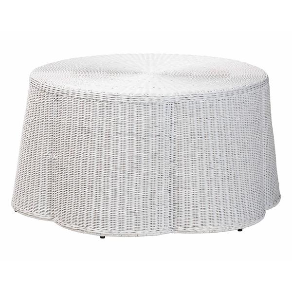 baxton studio bali & pari Palm Scalloped Rattan Coffee Table - Handwoven Wicker Round Accent Table for Living Room Patio or Sunroom Coastal Boho Style White